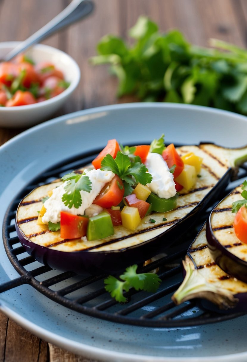 Eggplant slices sizzling on a grill, filled with creamy goat cheese and fresh vegetables, served on a plate with a side of salsa