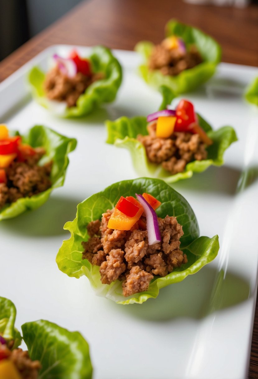 A table set with small lettuce cups filled with ground turkey and colorful toppings