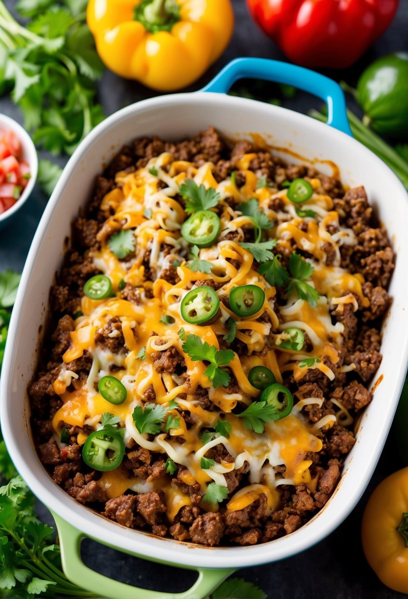 A colorful casserole dish filled with layers of seasoned ground beef, melted cheese, and low-carb taco ingredients, surrounded by fresh vegetables and herbs