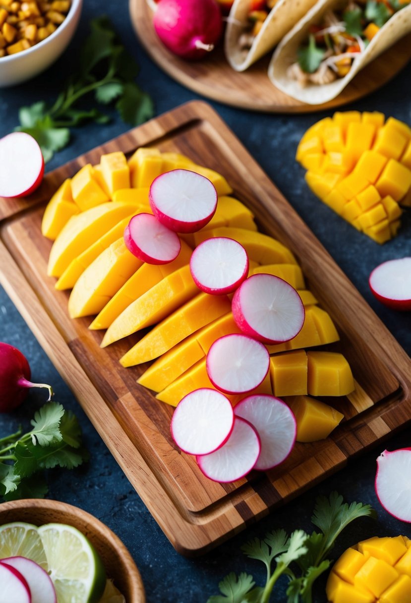 A colorful array of sliced radishes and mangoes laid out on a wooden cutting board, surrounded by taco shells and various fresh ingredients