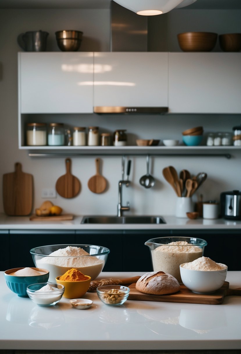 A kitchen counter with assorted ingredients and tools for baking advanced bread recipes