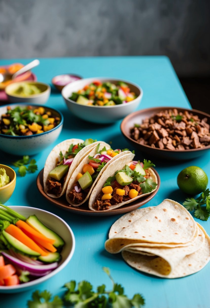 A table set with a variety of colorful low-carb taco ingredients, including almond flour tortillas, fresh vegetables, and seasoned meats