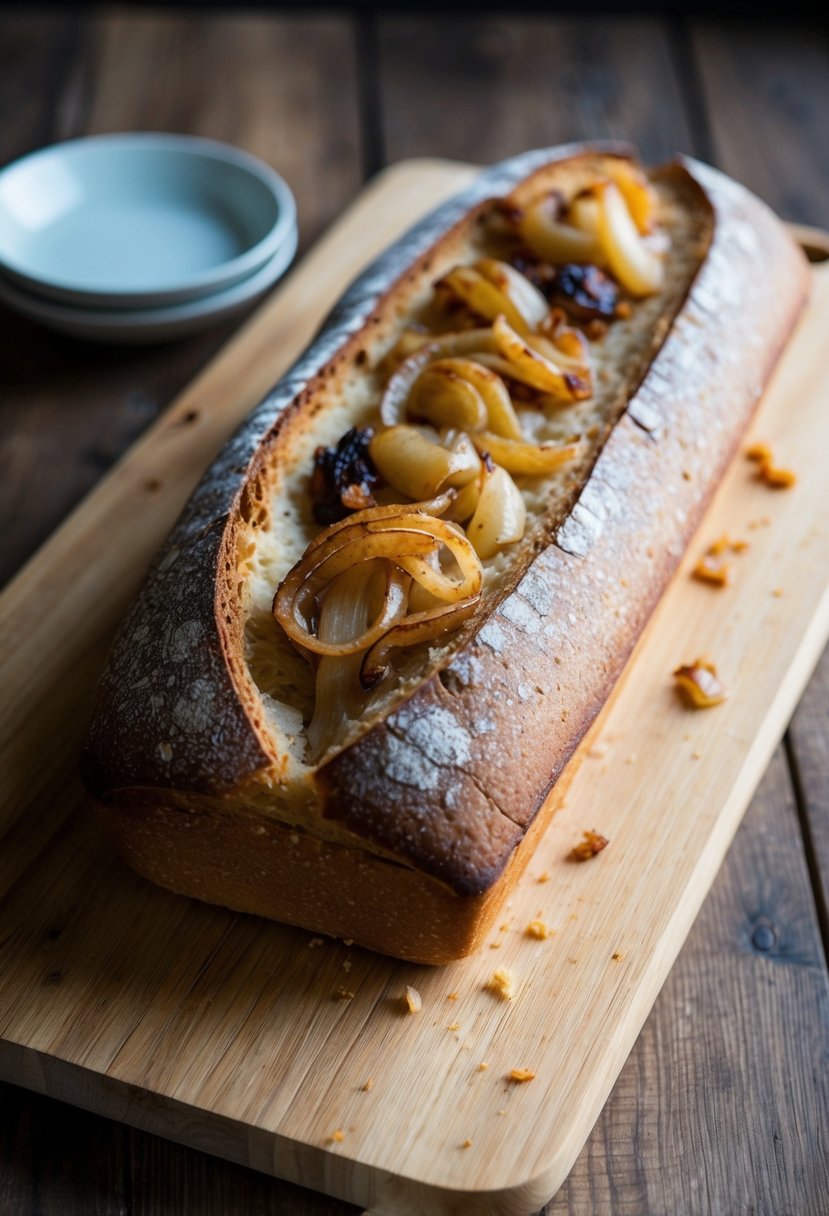 A rustic loaf of sourdough with caramelized onions, resting on a wooden cutting board