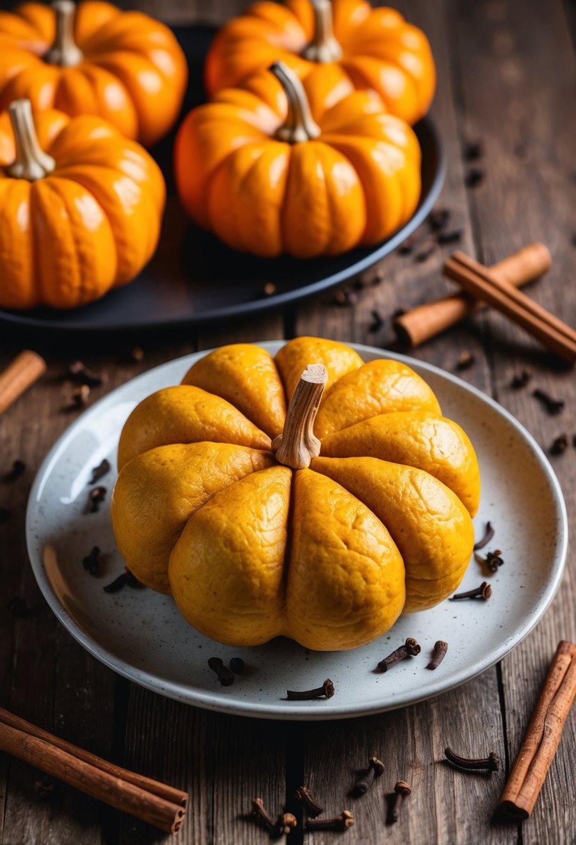 A rustic wooden table set with golden pumpkin cloverleaf rolls, surrounded by scattered cloves and cinnamon sticks