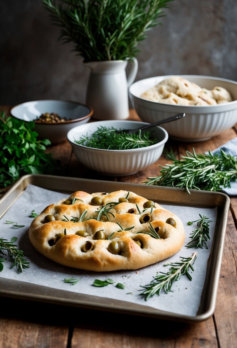 A rustic kitchen scene with fresh herbs, a bowl of dough, and a baking sheet with a golden olive and rosemary focaccia