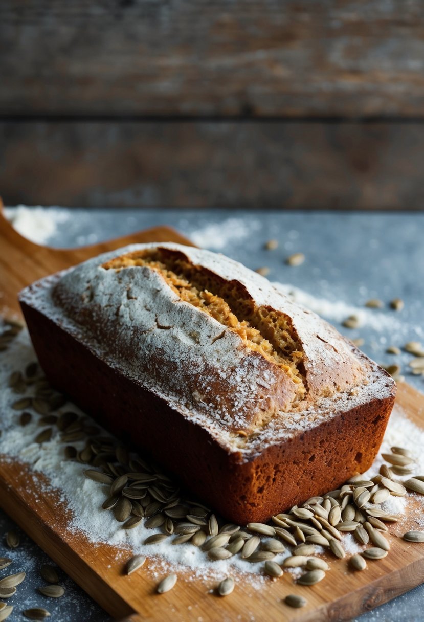 A rustic loaf of whole wheat sunflower seed bread sits on a wooden cutting board, surrounded by scattered seeds and a dusting of flour