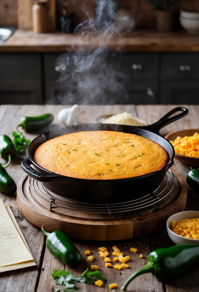 A rustic kitchen with a steaming cast iron skillet of cheddar jalapeño cornbread cooling on a wooden table, surrounded by scattered ingredients and recipe notes