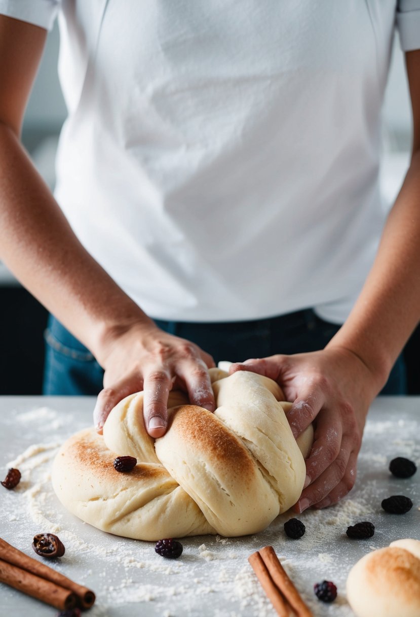 A brioche dough being kneaded and folded with cinnamon and raisins scattered on a floured surface