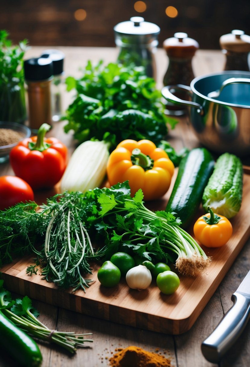 Fresh vegetables and herbs arranged on a wooden cutting board, with a variety of spices and cookware nearby