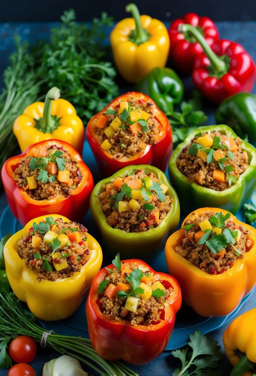 A colorful array of bell peppers, each filled with a hearty quinoa stuffing, surrounded by fresh herbs and vibrant vegetables