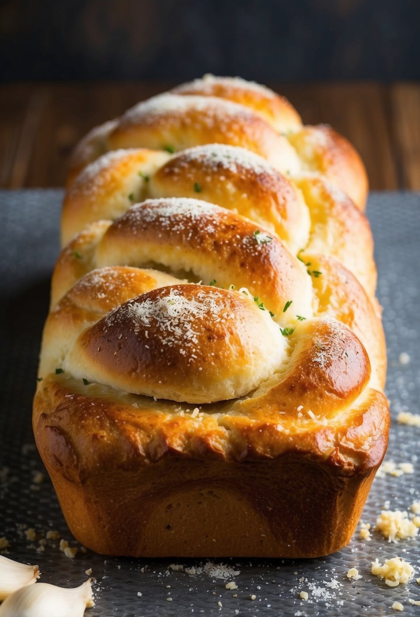 A golden-brown loaf of pull-apart bread, oozing with melted garlic and parmesan, fresh from the oven