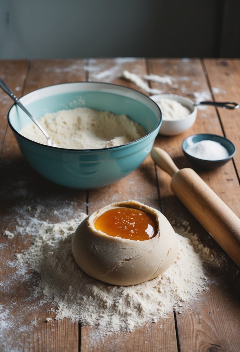 A rustic kitchen with a wooden table covered in flour, a mixing bowl filled with honey spelt bread dough, and a rolling pin beside it