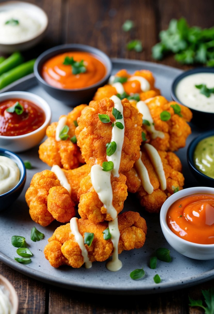 A platter of crispy cauliflower buffalo wings surrounded by various vegetarian dipping sauces