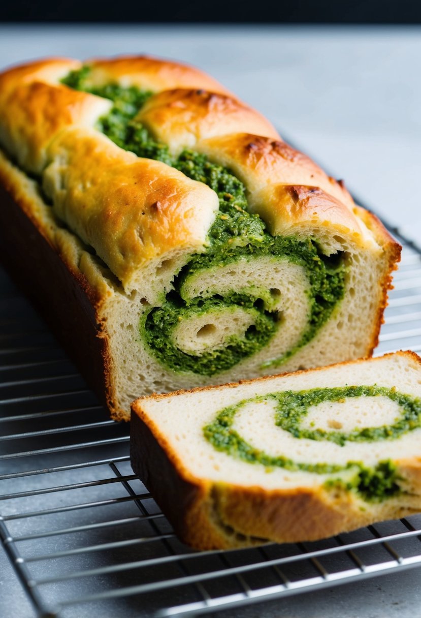 A loaf of Pesto Swirl Bread, golden brown with green pesto swirls, cooling on a wire rack