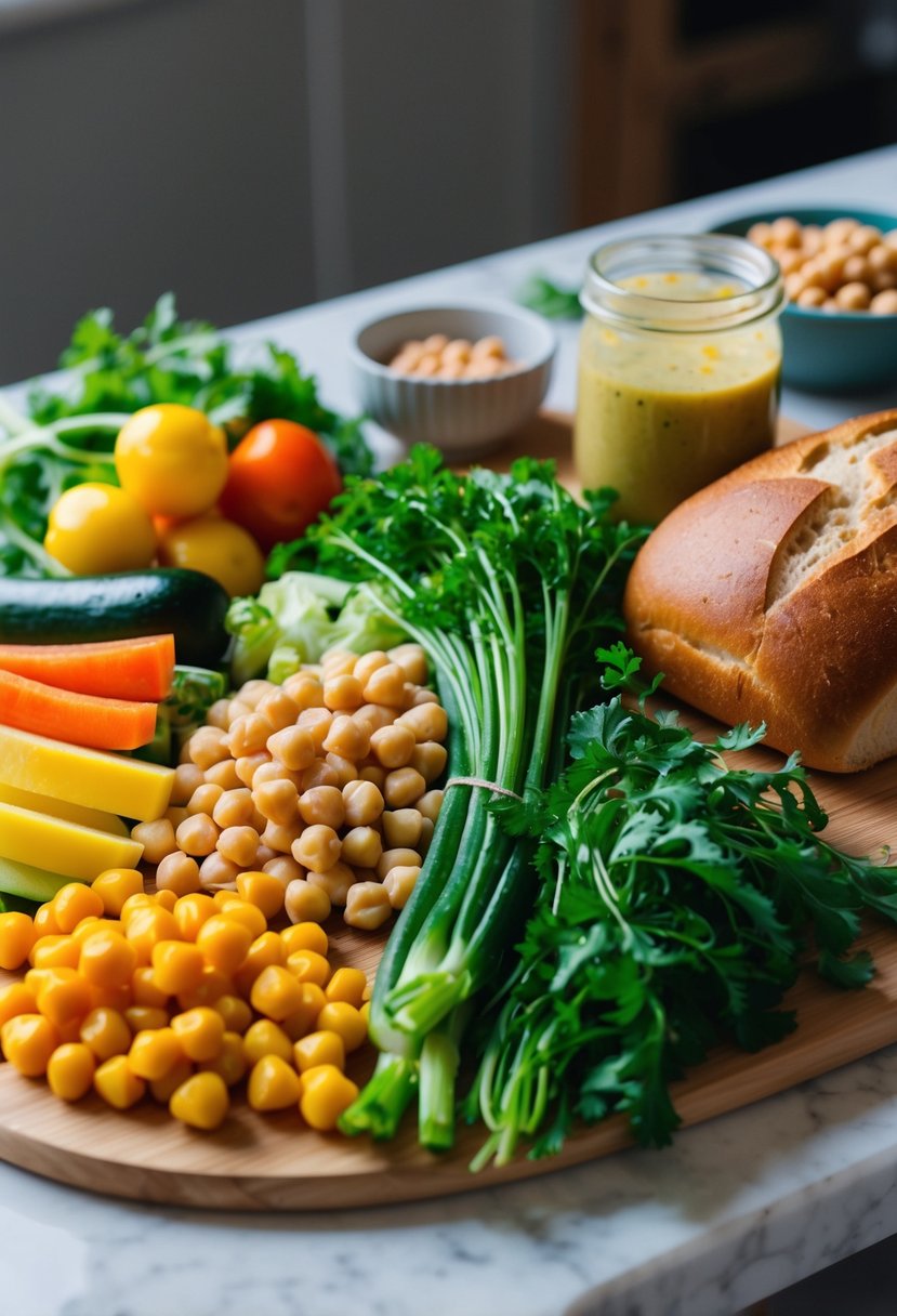 A colorful array of fresh vegetables and chickpeas, neatly arranged on a cutting board, with a loaf of bread and a jar of homemade dressing nearby