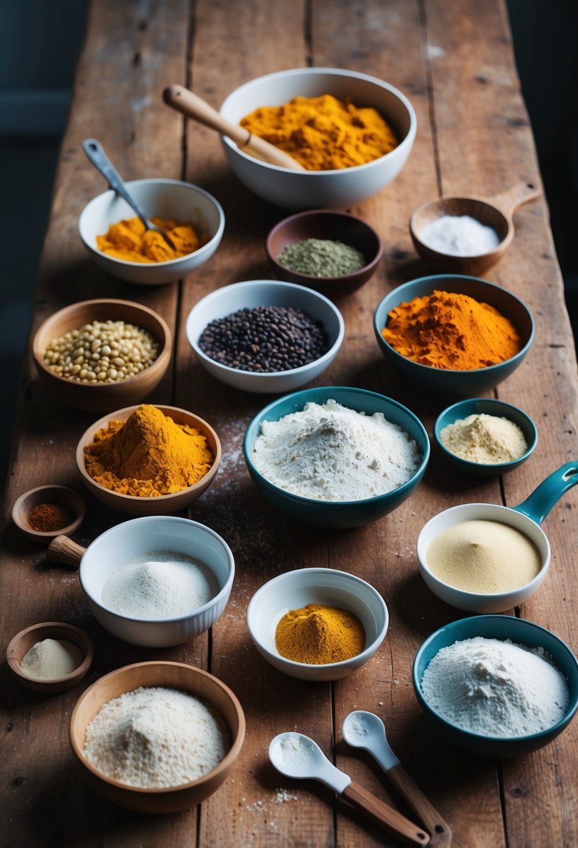 A rustic kitchen scene with a wooden table covered in ingredients like turmeric, lentils, flour, and yeast, along with mixing bowls and utensils