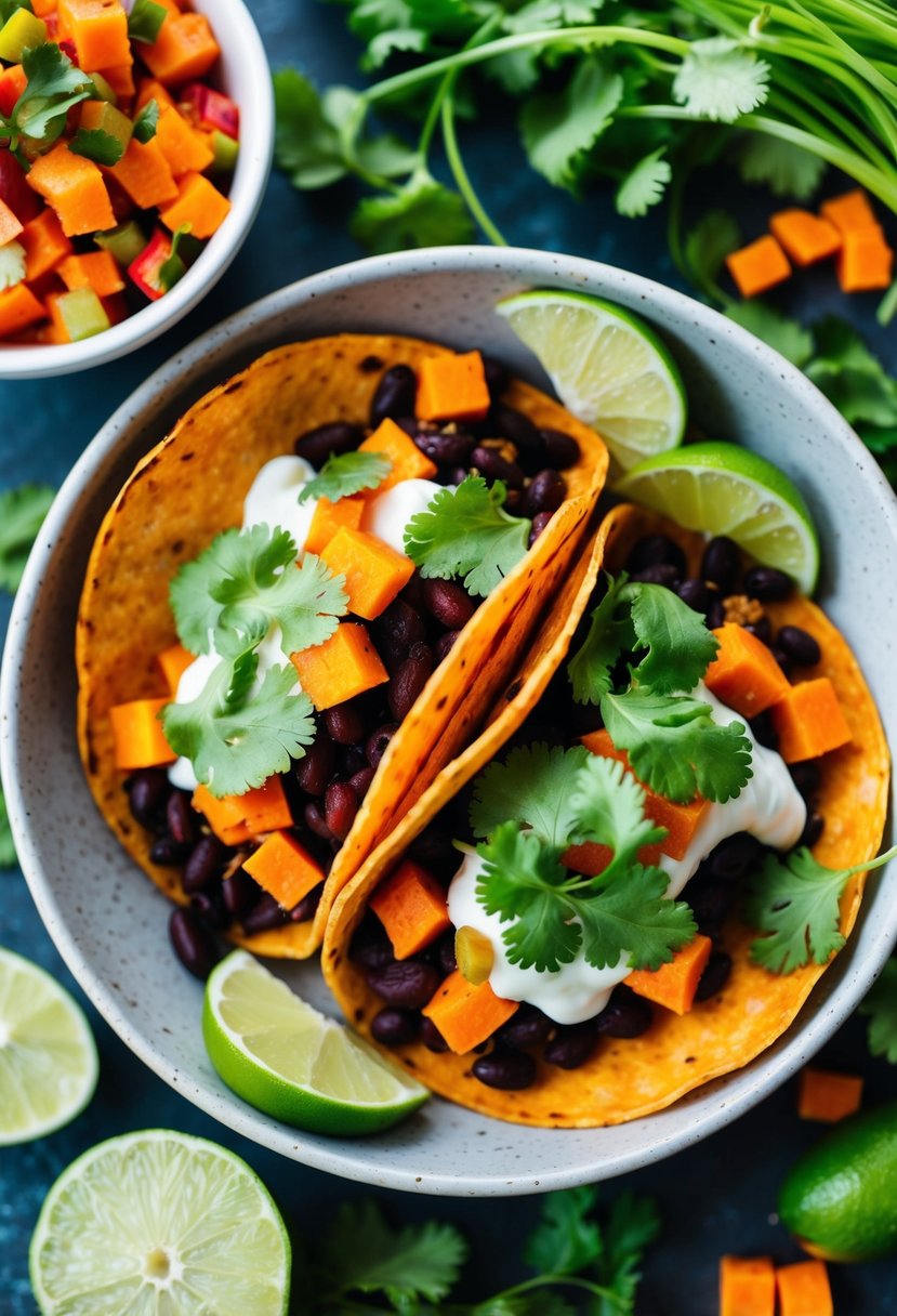 A colorful array of sweet potato and black bean tacos, surrounded by fresh cilantro, lime wedges, and vibrant vegetables