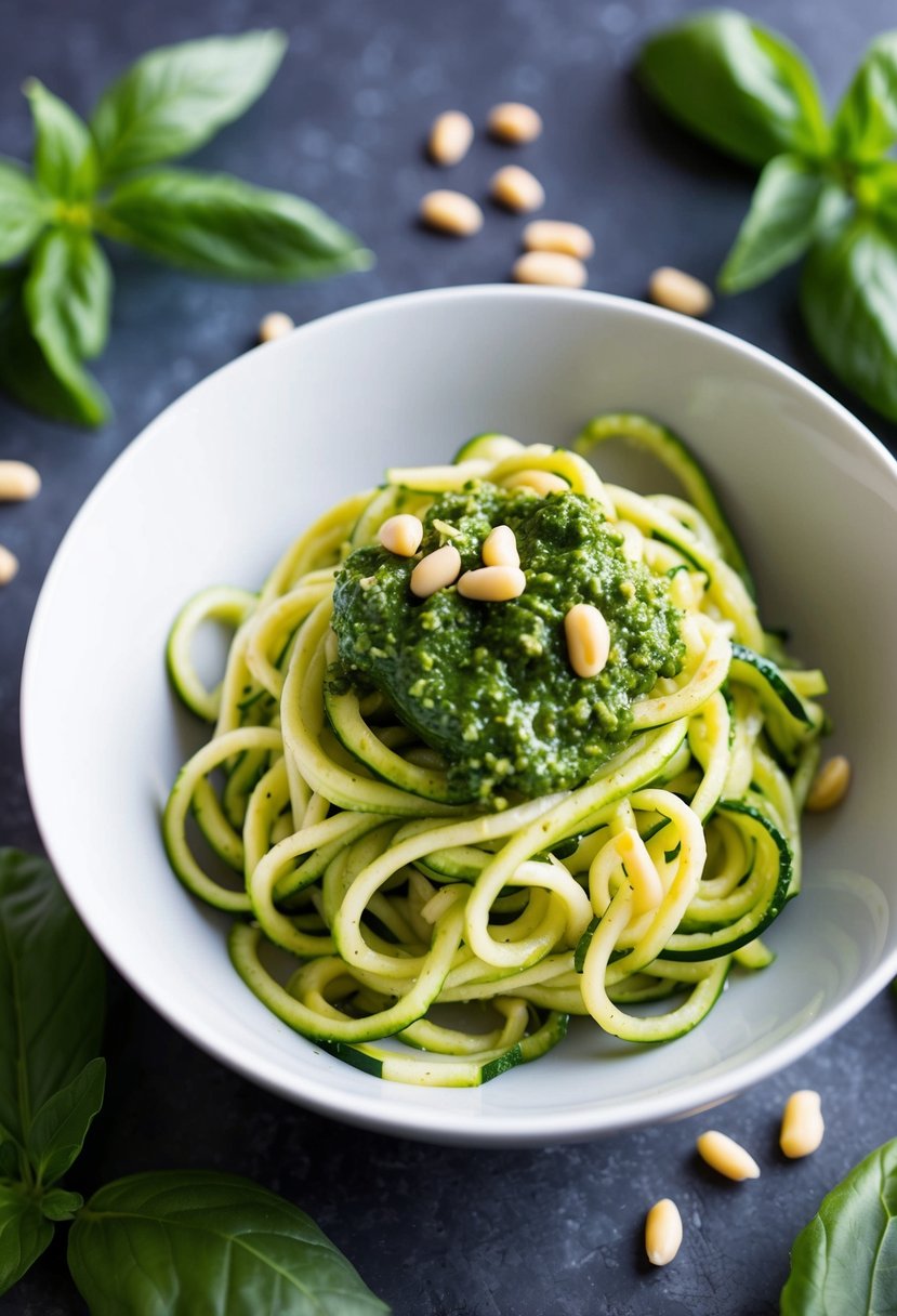 A bowl of zucchini noodles topped with vibrant green pesto sauce, surrounded by fresh basil leaves and pine nuts