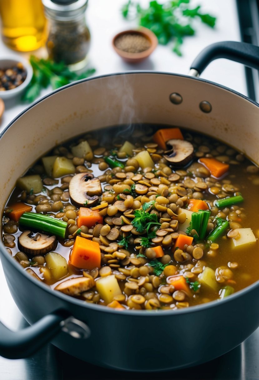 A pot simmering with lentils, mushrooms, and assorted vegetables in a rich, savory broth. Herbs and spices scattered on the counter nearby