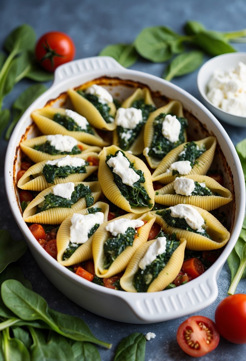 A baking dish filled with spinach and ricotta stuffed shells, surrounded by fresh ingredients like spinach leaves, ricotta cheese, and tomatoes