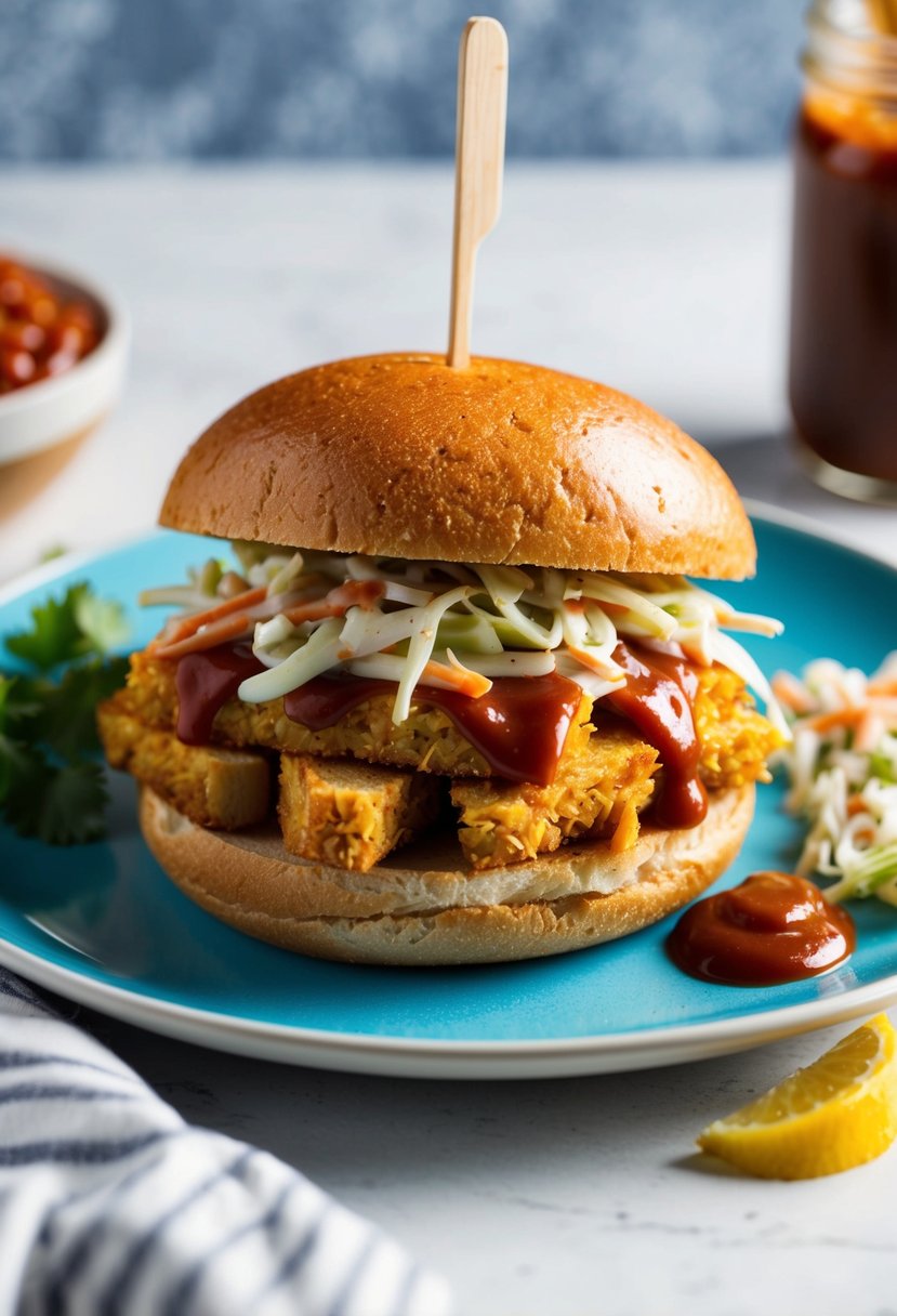 A colorful sandwich with jackfruit, coleslaw, and BBQ sauce on a plate