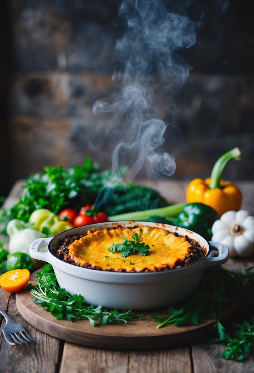 A steaming dish of vegan shepherd's pie, surrounded by fresh vegetables and herbs, sits on a rustic wooden table