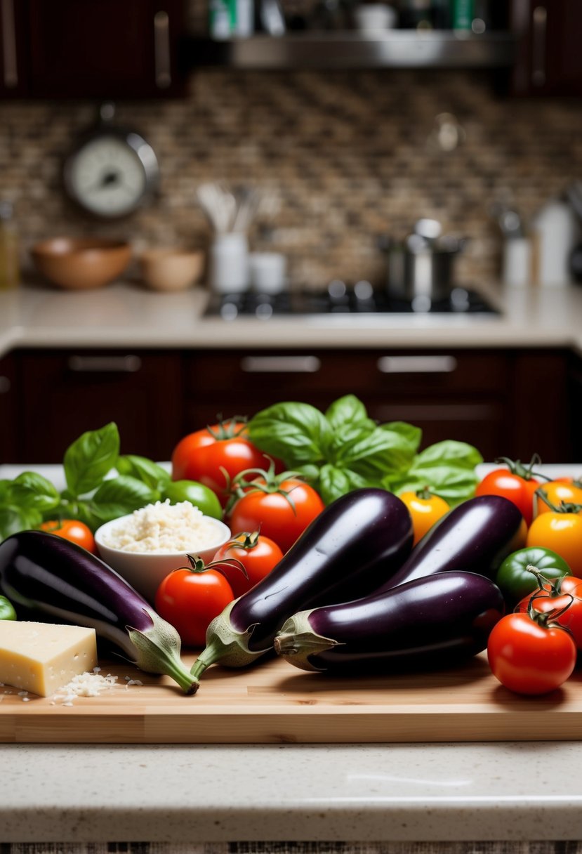 A colorful array of fresh eggplants, tomatoes, basil, and cheese arranged on a kitchen counter, ready to be transformed into a delicious vegetarian eggplant Parmesan