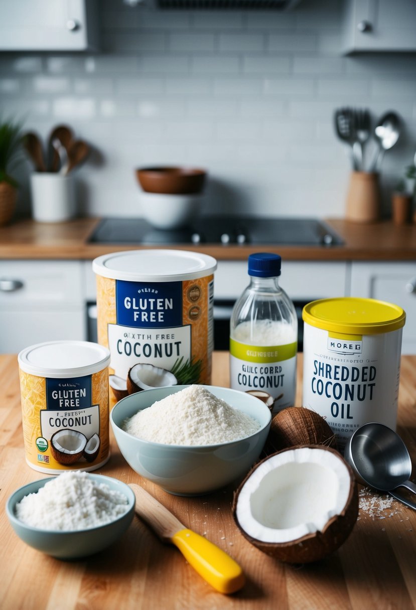 A kitchen counter with a variety of gluten-free coconut ingredients like flour, shredded coconut, and coconut oil, along with a mixing bowl and utensils