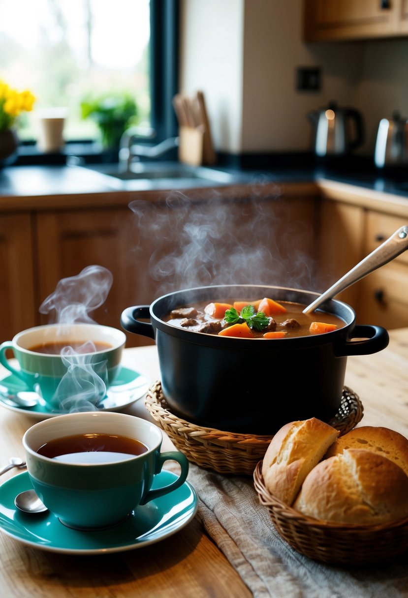 A cozy kitchen with a pot of simmering Irish stew, a basket of fresh soda bread, and a steaming cup of tea on the table