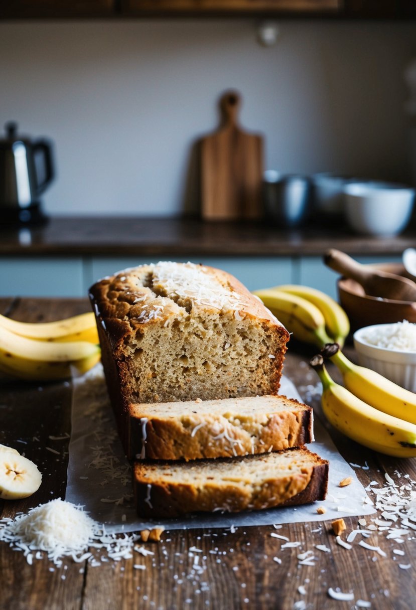 A rustic kitchen counter with a freshly baked loaf of gluten-free coconut banana bread surrounded by scattered ingredients like bananas and shredded coconut