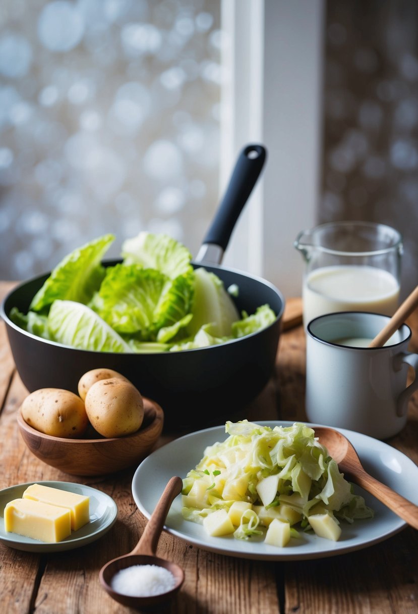 A rustic kitchen table set with ingredients for colcannon: potatoes, cabbage, butter, and milk. A pot and wooden spoon sit nearby