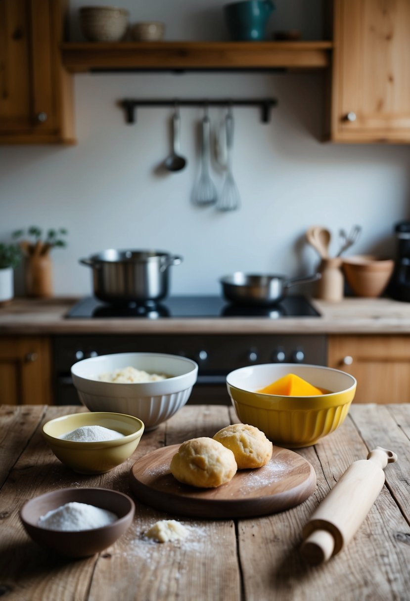 A rustic kitchen with a wooden table, ingredients for boxty, a mixing bowl, and a rolling pin