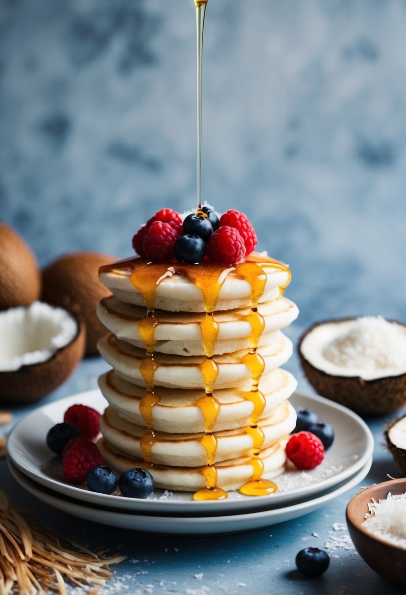 A stack of fluffy coconut flour pancakes topped with fresh berries and drizzled with honey, surrounded by coconut shells and a bowl of shredded coconut