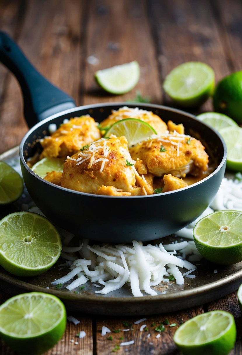 A sizzling coconut lime chicken dish surrounded by fresh lime slices and shredded coconut, set on a rustic wooden table