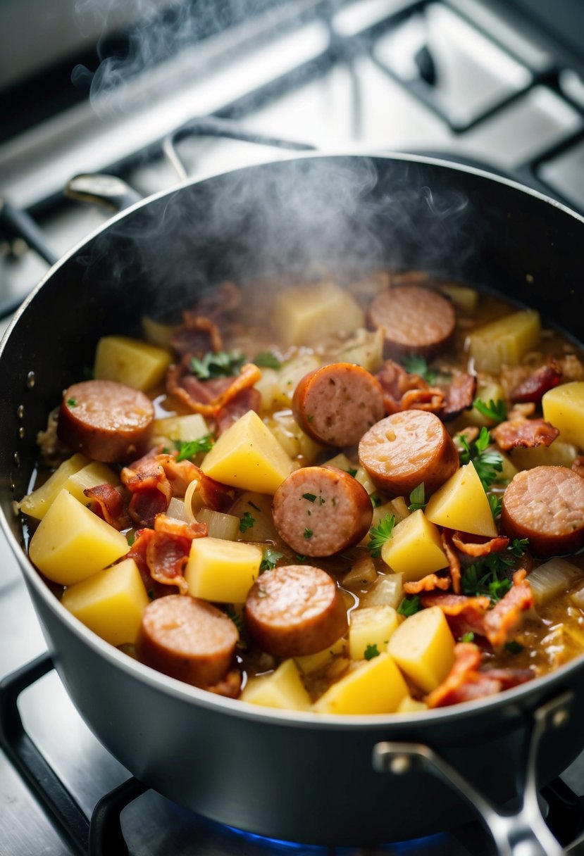 A pot of Dublin Coddle simmers on a stovetop, filled with chunks of sausage, bacon, potatoes, and onions, emitting a savory aroma