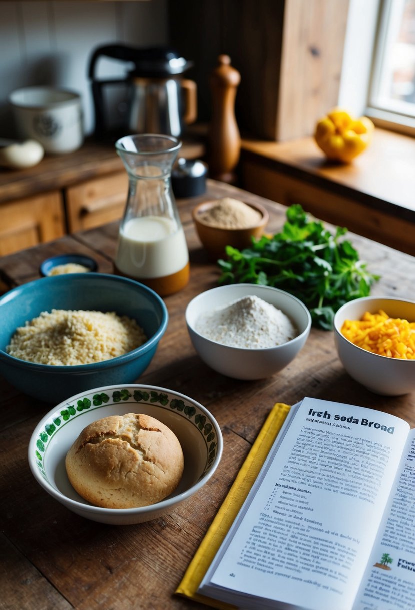 A rustic kitchen with ingredients for Irish soda bread laid out on a wooden table. A recipe book is open to a page with simple instructions