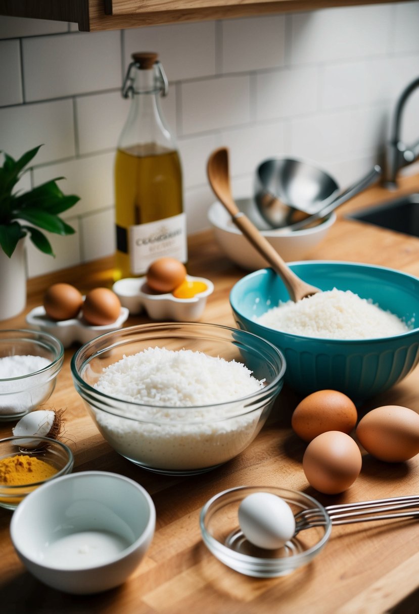 A kitchen counter with coconut, eggs, and a mixing bowl, surrounded by ingredients and utensils for making coconut macaroons