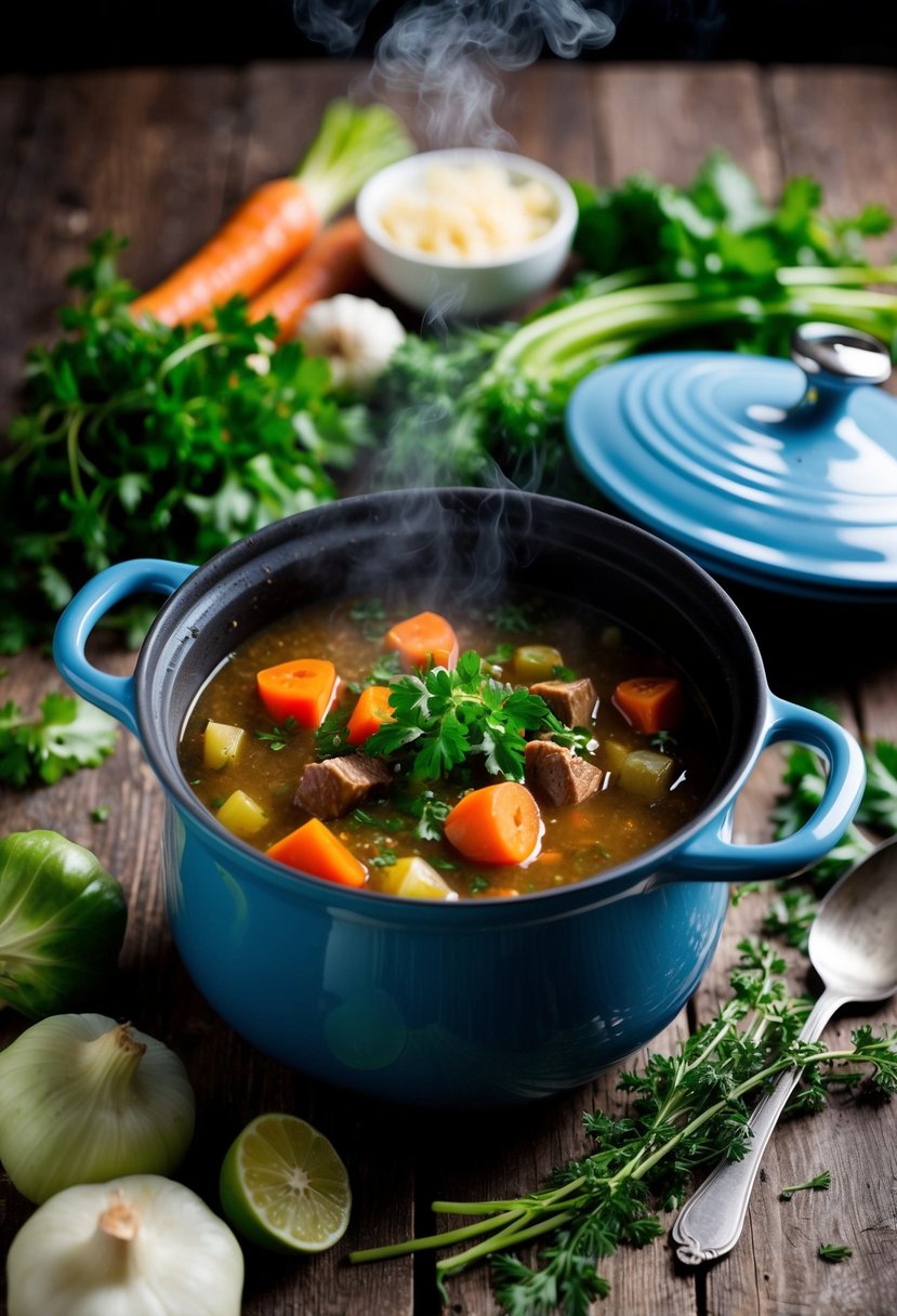 A steaming pot of Irish stew surrounded by fresh vegetables and herbs on a rustic wooden table