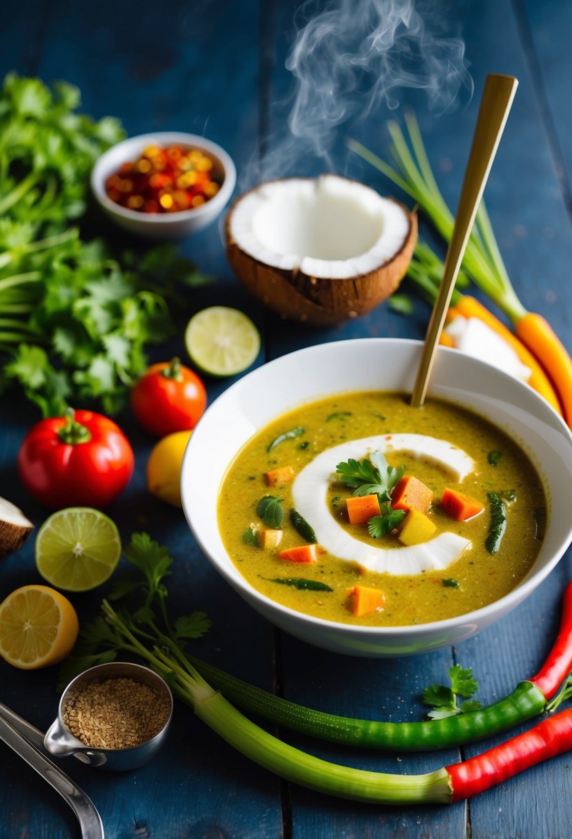 A steaming bowl of coconut curry soup surrounded by fresh ingredients like coconut milk, curry spices, and colorful vegetables