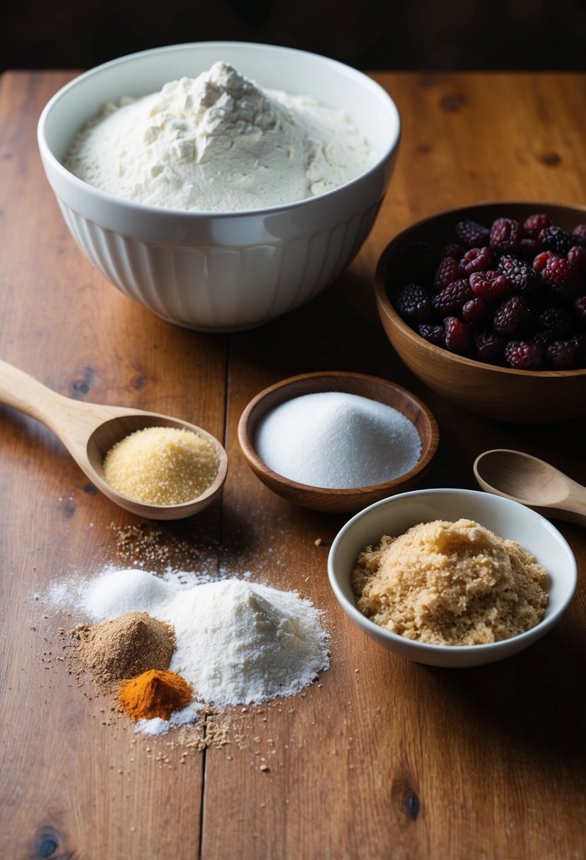 A table set with ingredients for Barmbrack: flour, dried fruit, sugar, and spices. A mixing bowl and wooden spoon sit nearby