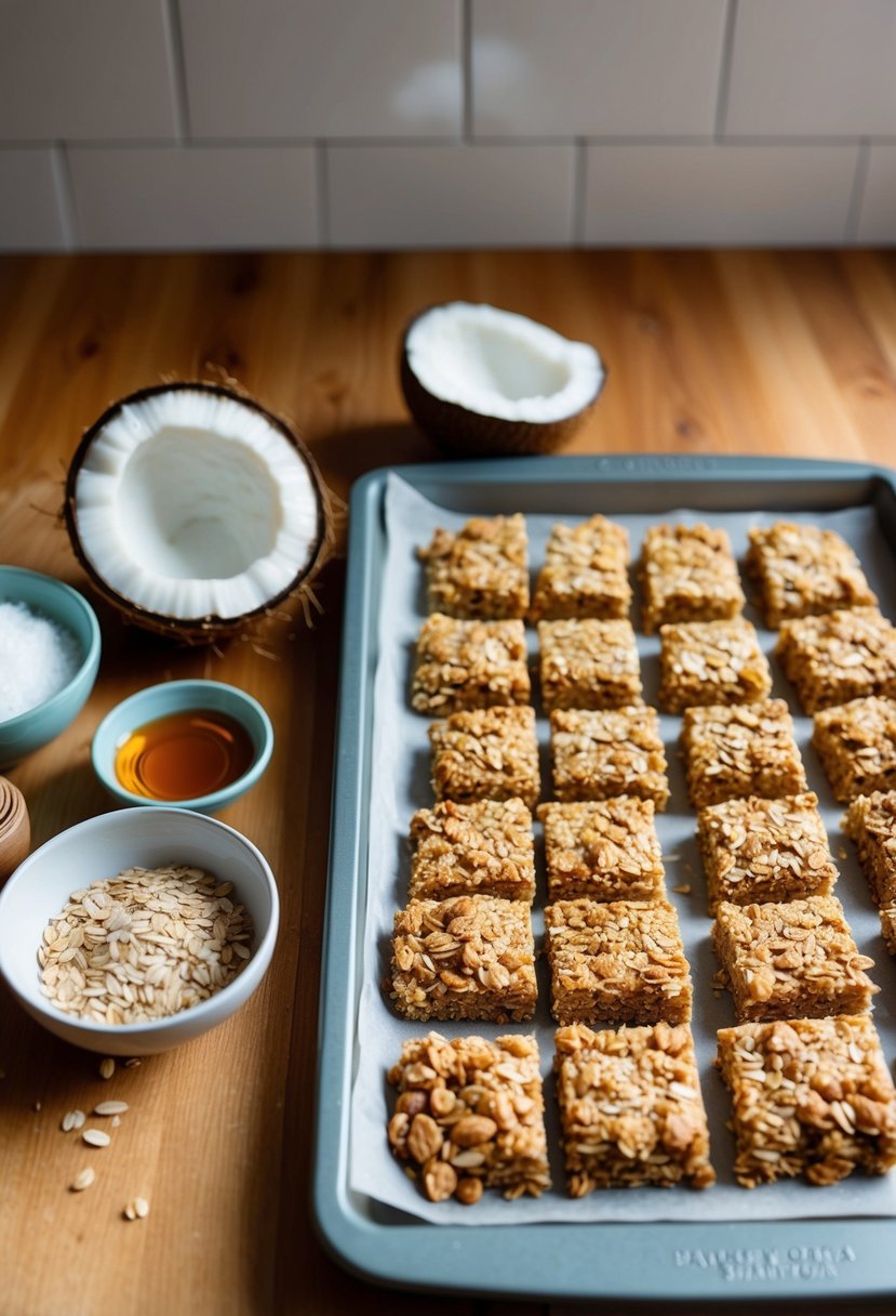 A kitchen counter with ingredients like coconut, oats, and honey laid out, alongside a baking tray filled with freshly baked gluten-free coconut granola bars