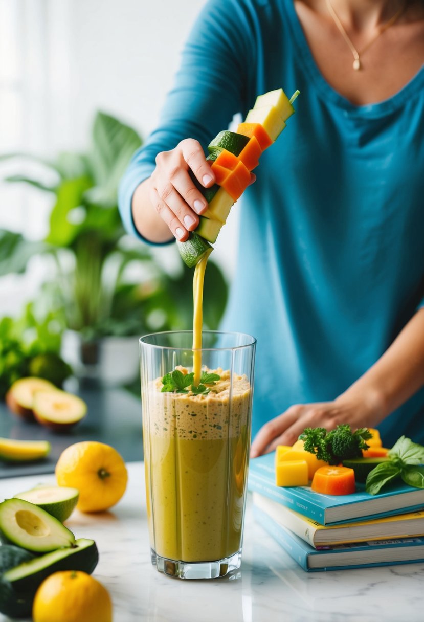 A person blending fruits and vegetables into a smoothie, with a stack of recipe books open to liquid diet options nearby