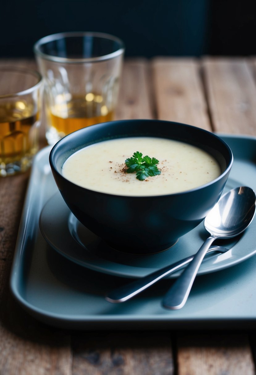 A bowl of creamy potato soup with a spoon beside it, set on a tray with a glass of liquid