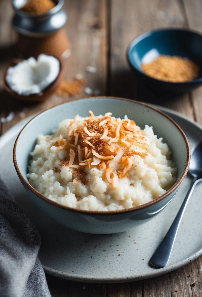 A bowl of creamy coconut rice pudding topped with toasted coconut flakes and a sprinkle of cinnamon, set on a rustic wooden table