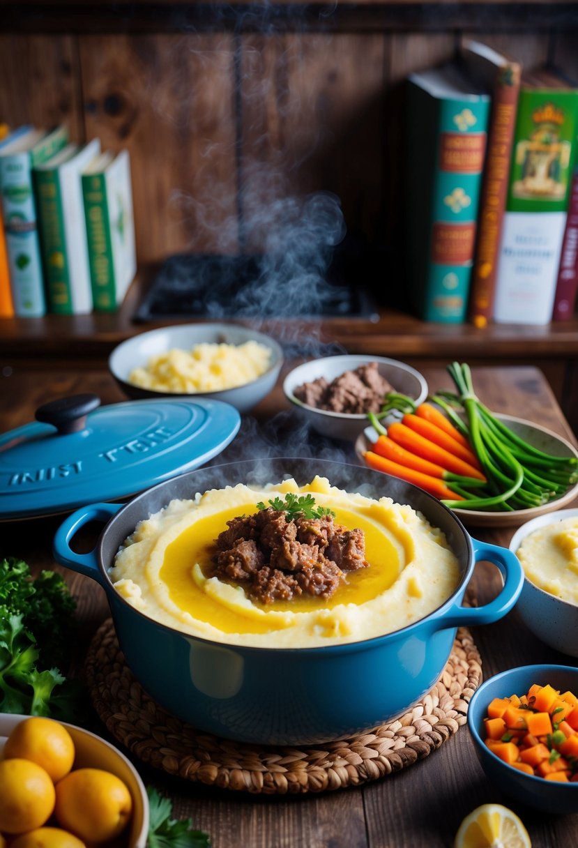 A rustic kitchen with a bubbling pot of mashed potatoes, steaming ground meat, and colorful vegetables, surrounded by Irish cookbooks and a cozy atmosphere