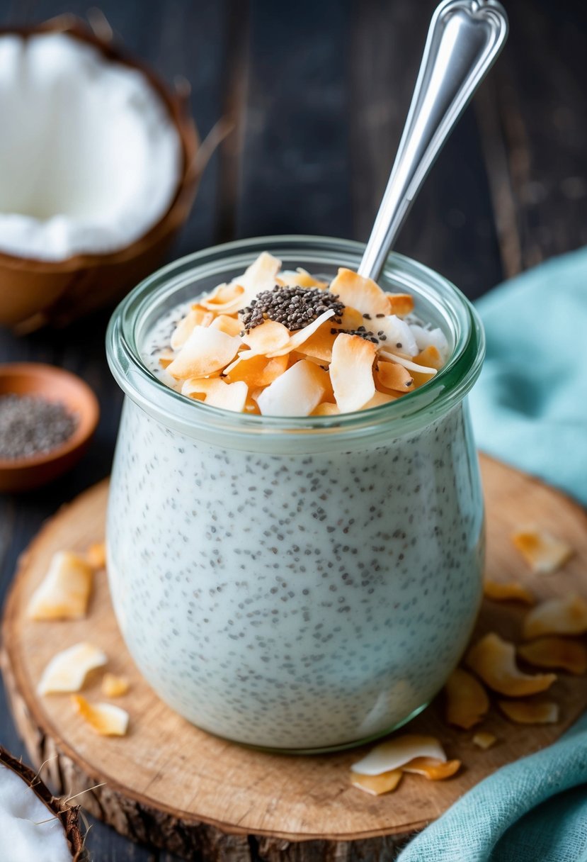 A glass jar filled with coconut chia seed pudding topped with fresh coconut flakes and a sprinkle of chia seeds