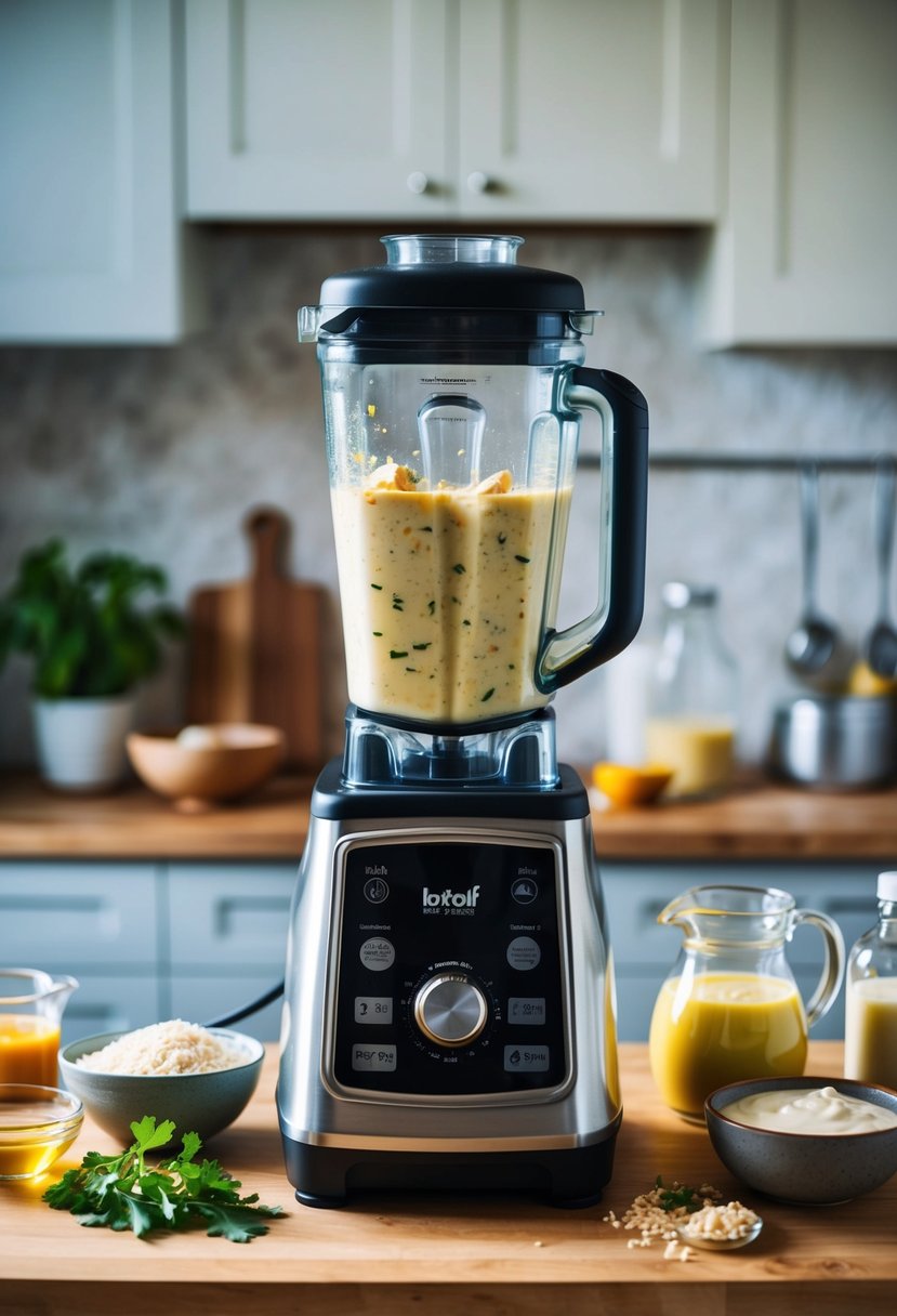 A blender filled with chicken alfredo sauce, a jaw wired shut, and various liquid diet ingredients scattered on the kitchen counter