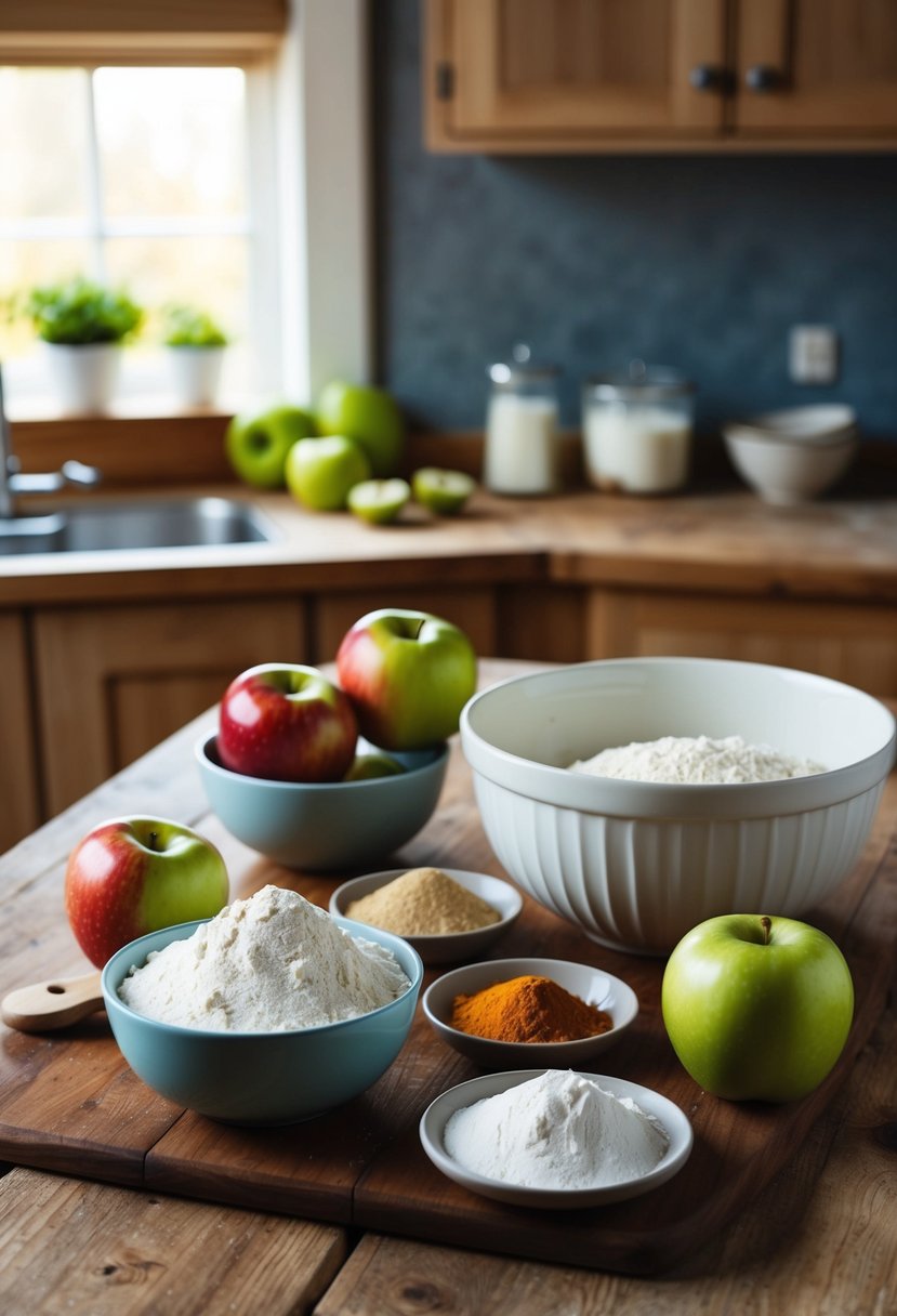 A rustic kitchen with a wooden table set with ingredients for Irish Apple Cake. A mixing bowl, apples, flour, and spices are arranged for baking