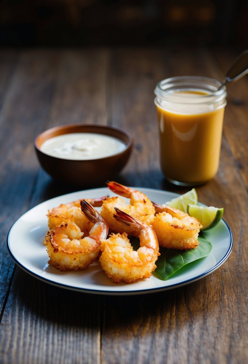 A plate of golden-brown coconut shrimp with a side of dipping sauce on a wooden table