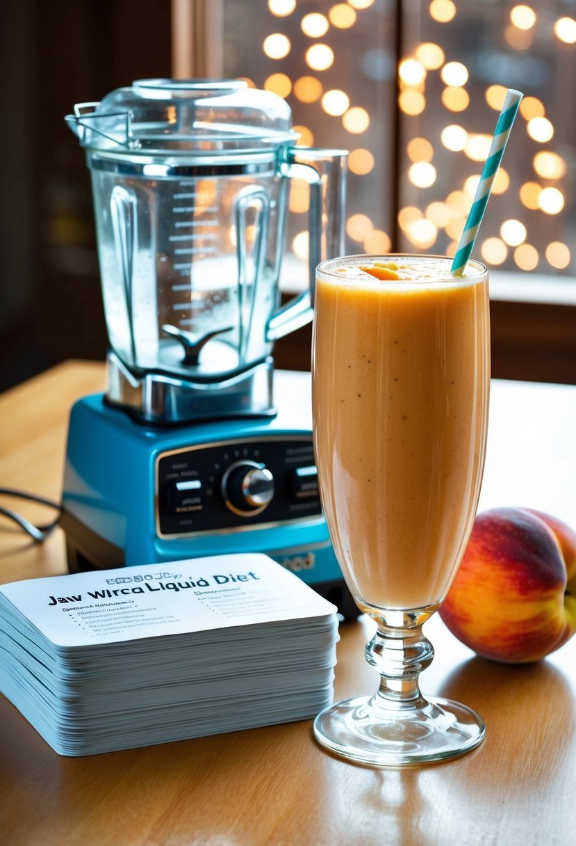 A glass filled with peach smoothie next to a blender and a stack of recipe cards for jaw wired shut liquid diet